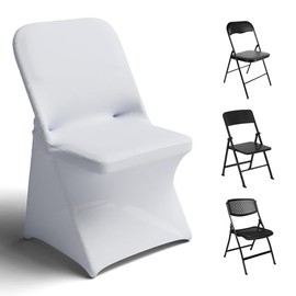 Trlyc Spandex Folding Chair Covers 50 Pcs Universal Fitted Stretchy Dining Chair Slipcovers for Wedding Party Banquet Flat-Front Chairs Cover (White)