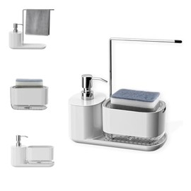 Dispensador de Jabón Cocina, 5 en 1 Jabonera para Cocina sin BPA con Esponjas, Bandeja, Soporte para Esponja y Toallero, Base Antideslizante, Distribu
