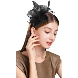 ELLYDOOR Fascinator Hair Clip Brooch Mesh Feather Floral Derby Pillbox Hat Bridal Wedding Tea Party Headpiece 09-Black