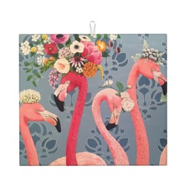 Flamingo Flowers Dish Drying Mat 16x18 Inch, Microfiber Absorbent Fast Dry Mat Large Dish Mat Drying Kitchen Mat, Kitchen Drying Pad for Kitchen Counter Coffee Bar Decor Gifts