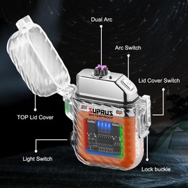 SUPRUS Luminous 3 Modes of Flashlight Windproof Waterproof Lighter Electric Rechargeable Dual Arc Plasma Lighter with Survival Emergency Whistle and Lanyard (Orange)