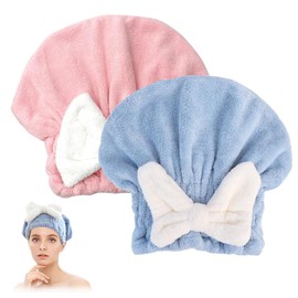 AWAVM Super Absorbent Hair Towel Wrap for Wet Hair, 2PCS Microfiber Hair Towel Wrap, Bow-Knot Button-Free Coral Fleece Dry Hair Hat, Super Absorbent Hair Turbans for Wet Hair Long Thick Curly Hair