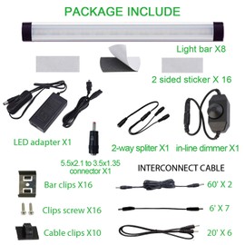 AIBOO LED Under Cabinet lighting Kit, Plug in Strip Lights with Dimmer Switch for Kitchen Cabinet Counter, Closet, bedroom lighting.（24w-8 bars kit-6000K）