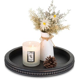 Decorative Serving Tray Wood: White Washed Bead Round Tray Decor for Coffee Table Rustic Wooden Trays Farmhouse Centerpiece for Living Room Kitchen Counter Plates Tea - Color: Rich Dark Brown