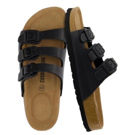 CUSHIONAIRE Lela Slip On Womens Sandals with Vegan Adjustable Straps & Genuine Suede Cork Footbed - Comfortable Memory Foam Sandals for Women 2025, BLACK 7