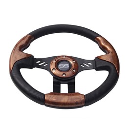 Huskey Trooper Woodgrain Steering Wheel Compatible with Yamaha Gas Electric Golf Carts/Black Spokes Carbon Fiber Texture Grip W/Matte Black Hub Adapter 5/6 Holes Pattern