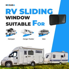 HECASA RV Window 42" W X 22" H Teardrop Horizontal Sliding Window W/ Trim for 1.5" Wall and Mesh Screen Tempered Glass Powder Coated Black 1PC