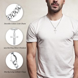 Chriscoco 925 Sterling Silver Cross Pendant Necklace for Men Women Stainless Steel Diamond Cut Figaro Cross Chain Necklace Polished Bevelled Edges Cross Pendant Necklace, Stainless Steel, No Gemstone