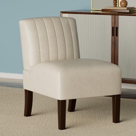 Armless Accent Chairs Upholstered Dining Chairs Living Room Chairs with Solid Wood Legs Leather Reading Chair for Adults Comfy Chair for Bedroom Vanity Kitchen (Ivory)