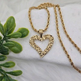 Gold Nugget Heart Necklace, 3mm Rope Chain - Necklace Length: 18in