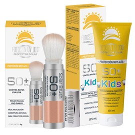 Fotosun UV 100 Protector Solar Facial en Polvo con Brocha + Bloqueador Solar en Crema 50+ FPS Protección UVA UVB Kit de Uso Diario paro Todo Tipo de Piel (Solar Brush + Kids 125ml)