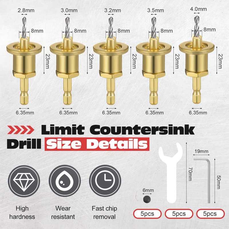 eROOSY 5 x Countersink Drill Bits with Depth Stop, 8