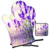 Lavender Flower Print Heat Resistant BBQ Gloves Oven Mitts and