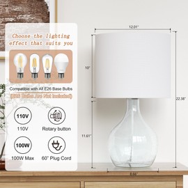 Maxax Coastal Glass Table Lamp, Transparent Bubble Glass Single Lamp with White Shade, 22" Tall End Table Lamp for Living Room, Bedroom, Bedside, Nightstand, House, Office, Home