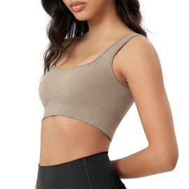 ODODOS Seamless Square Neck Sports Bra for Women Ribbed Crop Tank Casual Low Back Cropped Tops, Taupe, X-Small/Small