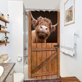 Riyidecor Stall Funny Highland Cow Shower Curtain 36Wx72H Inch Small Rv Half Rustic Bull Door Curtains Wooden Plank Barnwood Western Bull Cattle Bathroom Decor Fabric Polyester Waterproof 7 Pack Hooks