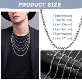 Hernin Curb Chain Necklace Men Women Stainless Steel Silver Box Chain 2/3/4/5/6 mm Necklace Men's Curb Chain Silver Box Chain Silver Cuban Chain Length 46/51/56/61/66/71 cm, Stainless Steel, No