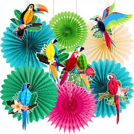 SUNBEAUTY Pack of 12 Hawaiian Party Decoration Includes 6 x Paper Fans, 6 x Tropical Bird Decoration, Hanging Garland Paper Fans and Parrot Honeycomb Balls for Summer Decoration, Hawaiian Decoration,