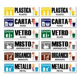Arterby's® - Stickers Collection Differentiated - Large Children Small Recycling Waste Garbage v6 - Waterproof Washable Exterior Interior - Italian English - Conform UNI (25x8 cm, 12 Pieces)