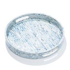 CLAYNIX Serving Tray 12.5 Inch, Wooden Lacquer Tray with Mother of Pearl Inlay, Elegant Tea & Breakfast Tray with Handles (Round)