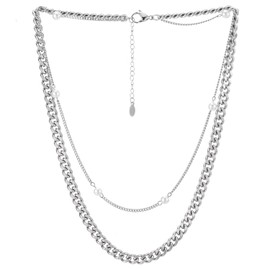COOLSTEELANDBEYOND Silver Layered Necklace for Women Imitation Pearl Necklace Link Chain Choker Punk Statement Style