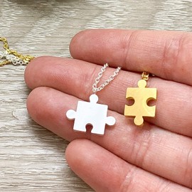 Silver Gold Interlocking Jigsaw Puzzle Piece Necklace Set for 2