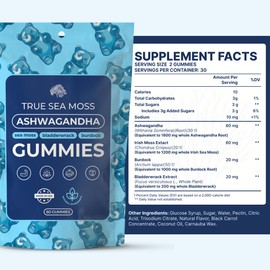 TrueSeaMoss Ashwagandha Gummies for Women & Men – Vegan Herbal Blend with Sea Moss, Bladderwrack & Burdock, 60 Gummies in Pouch (30-Day Supply)