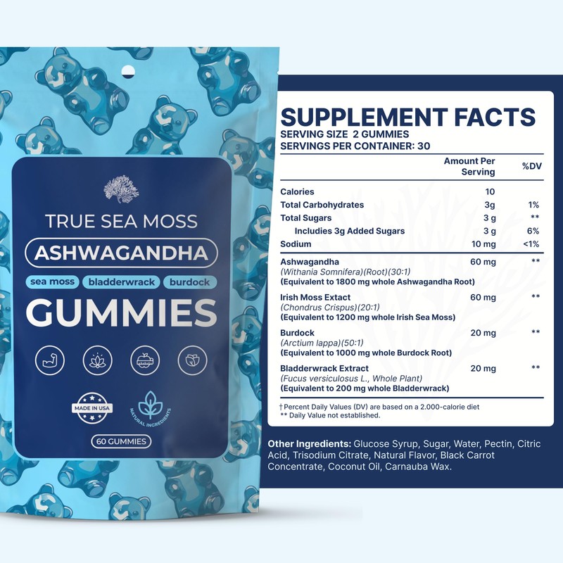 TrueSeaMoss Ashwagandha Gummies for Women & Men – Vegan Herbal