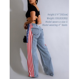 Angsuttc Mom Jeans High Waisted Color Contrast American Flag Denim Jeans Stretch Straight Wide Leg Pants Blue Flag 2X