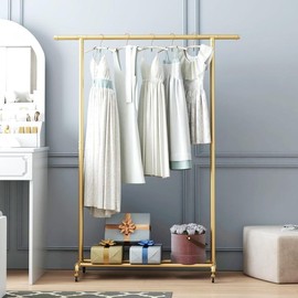 Industrial Pipe Clothing Rack, Heavy Duty Metal Clothes Rack With Wheels, Rolling Garment Rack with Bottom Shelf for Home Boutique Use (Golden) Hanging Organiser Installation Hangable - Color: Black