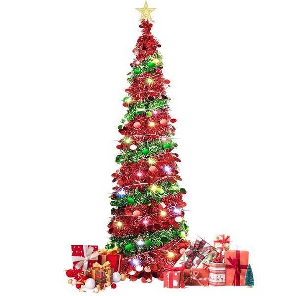 5 FT Pop Up Christmas Tree with Lights,Collapsible Pencil Christmas