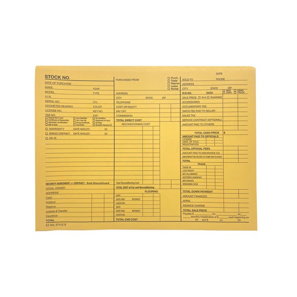EZ Line Printed Vehicle Deal Record Envelopes 9x12 Jackets 100