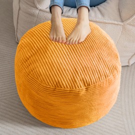 HIGOGOGO Round Stuffed Pouf Ottoman, Corduroy Poufs with Foam Chunk Filling, Furry and Fluffy Pouf Foot Stool Storage Ottoman, 20 X 15 Floor Poufs Foot Rest for Living Room, Orange