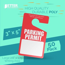 Better Office Products Parking Permit Hang Tags, 50 Pack, Poly Plastic Placards, Temporary Parking Passes, Bulk Pack, 3" x 5" Placards for Rearview Mirror, Thick Gauge (0.2"/0.5 mm), Red