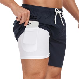 SONGDAI Men's Lining Pocket Swimwear Short Mens Summer Swimming Trunks Fashionable Vacation Beach Board Shorts Four Corner Swim Short-Navy Blue-M