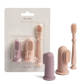 Moonkie - Kit de cepillo de dientes de dedo y limpiador oral para bebés de 3 meses en adelante, 3 piezas (rubor/malva pálida/rubor)