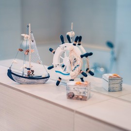 Flanacom Maritime Bathroom Decoration Set of 3 - Control Wheel, Sailing Ship and Treasure Chest Made of Wood - Lovingly Designed Bathroom Accessories with Details (Design 2-1)