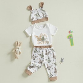 MAHUAOYIXI Toddler Baby Easter Outfits Newborn Baby Boys Clothes Bunny Print Long Sleeves Romper and Truck Carrot Print Pants and Hat Infant Boys 3Pcs Clothing Set (Khaki, 3-6 Months)