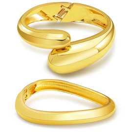 2pcs 14K Real Gold Plated Cuff Waterdrop Teardrop Bangle Bracelet for Women Gift,Chunky Twisted Hinge irregular Minimalist Wide Thick Gold Open Oval Wrist Bracelet Jewelry Set