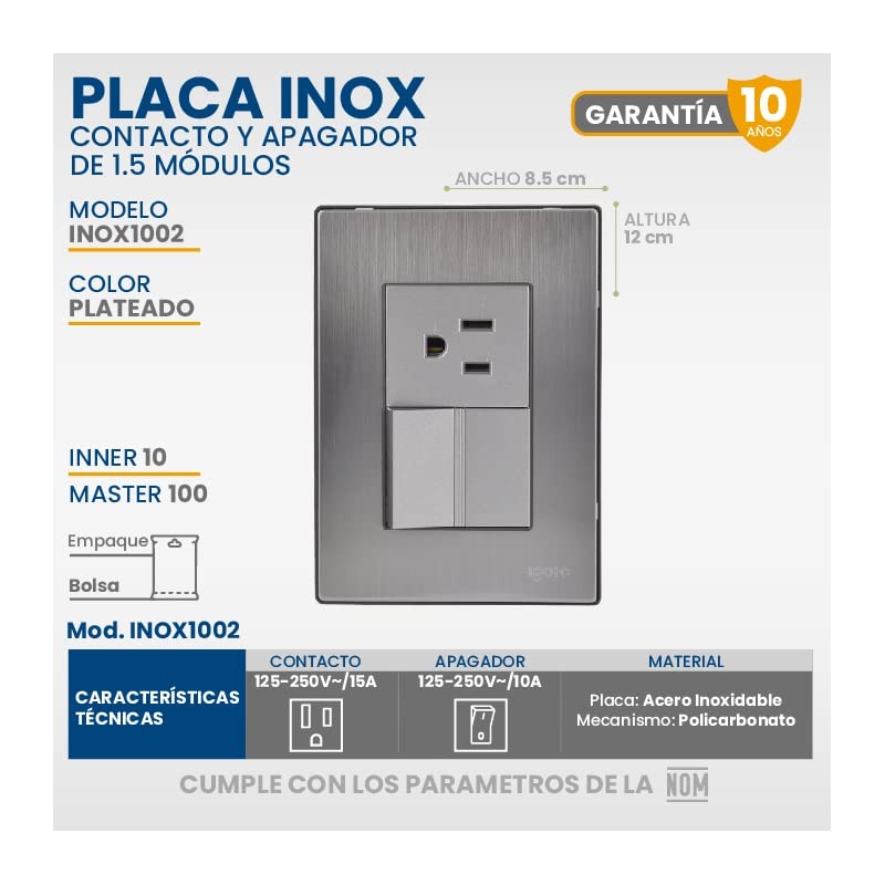 iGoto INOX1010 apagador con de 1.5 módulos, Acero Inoxidable, Color