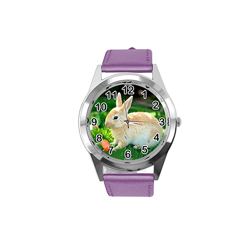 TAPORT Purple Leather Round Quartz Watch for Rabbits Fans e2