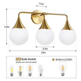 HAHZT Bathroom Vanity Light Fixtures: 2-Light Mid Century Farmhouse Bathroom Lighting Fixtures Over Mirror - Brushed Gold Wall Sconce with Frosted Globe Glass for Hallway Restroom