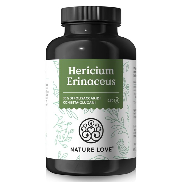 NATURE LOVE® Hericium Erinaceus - 180 Capsules - High Dose, 1500mg/Daily Dose - 30% Polysaccharides and 5% Beta Glucans - Lion's Mane - Vegan, Laboratory Tested and Made in Germany