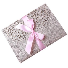 ponatia 20 PCS 3 Folds 5x7'' Wedding Invitations Cards with Envelopes Ribbons for Wedding Bridal Shower Engagement Birthday Graduation Invite (Gold Glitter)