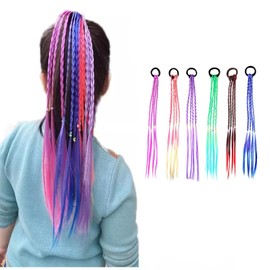 6 Pcs Colorful Braids Hair Extensions with Rubber Bands, Braided Ponytail Extension, Hair Accessories for Girls, for Women Girls Kids Party