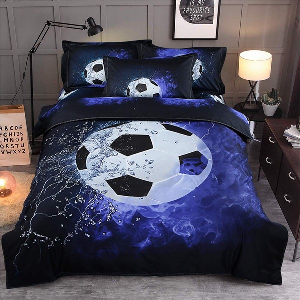 Blue Flame Soccer Duvet Cover Set for Children Boys 3D Printed Football Quilt Cover Set with 2 Pillowcases Fire and Ice Bedding Set with Zipper Closure Queen Size 90" X 90"(Not Comforter)