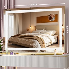 Batuso Vanity Mirror with Lights, 32" x 22" LED Makeup Mirror with 10X Magnification, Dimmable 3 Modes, Memory Function, Smart Touch, USB Charging Port, Lighted Makeup Mirror Square Glod