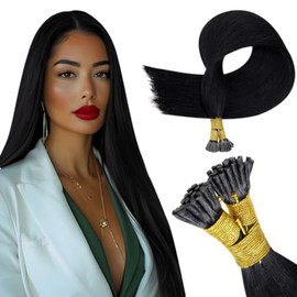 RUNATURE Black I Tip Hair Extensios Human Hair Jet Black Itip Human Hair Extensions Cold Fusion I Tip Hair Extensions Short Remy I Tips Hair Extensios Real Human Hair Straight 18 Inch 50g 100s