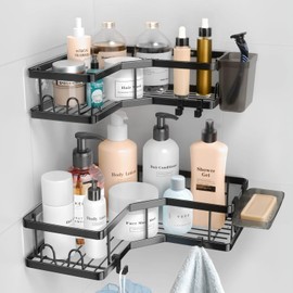 Sben Corner Adhesive Shower Caddy, 2 Pack Organizer Shelves, No Drilling, Stainless Steel Storage Rack, 12 Hooks, Toothpaste Holder and Soap Dish Holder for Bathroom (Black)