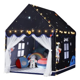 Wilwolfer Space Kids Tent Indoor: with Mat, Star Lights - Kids Play Tent Space Toys for Toddlers - Space Themed Bedroom Decorations Astronaut Toys Rocket Ship Toys (Black)